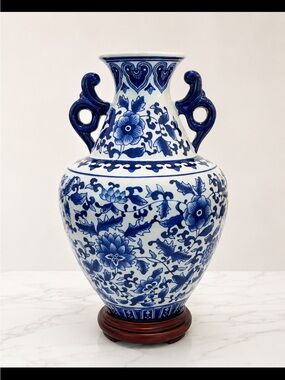 Bombay Blue and White Floral Porcelain Vase with Curled Handles